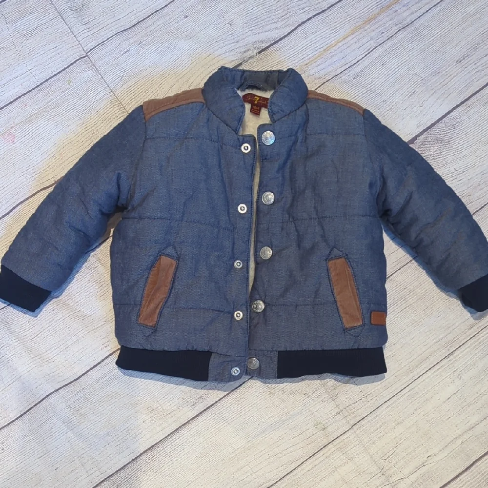 7 For All Mankind Denim Blue and Brown Kids Puffer Jacket